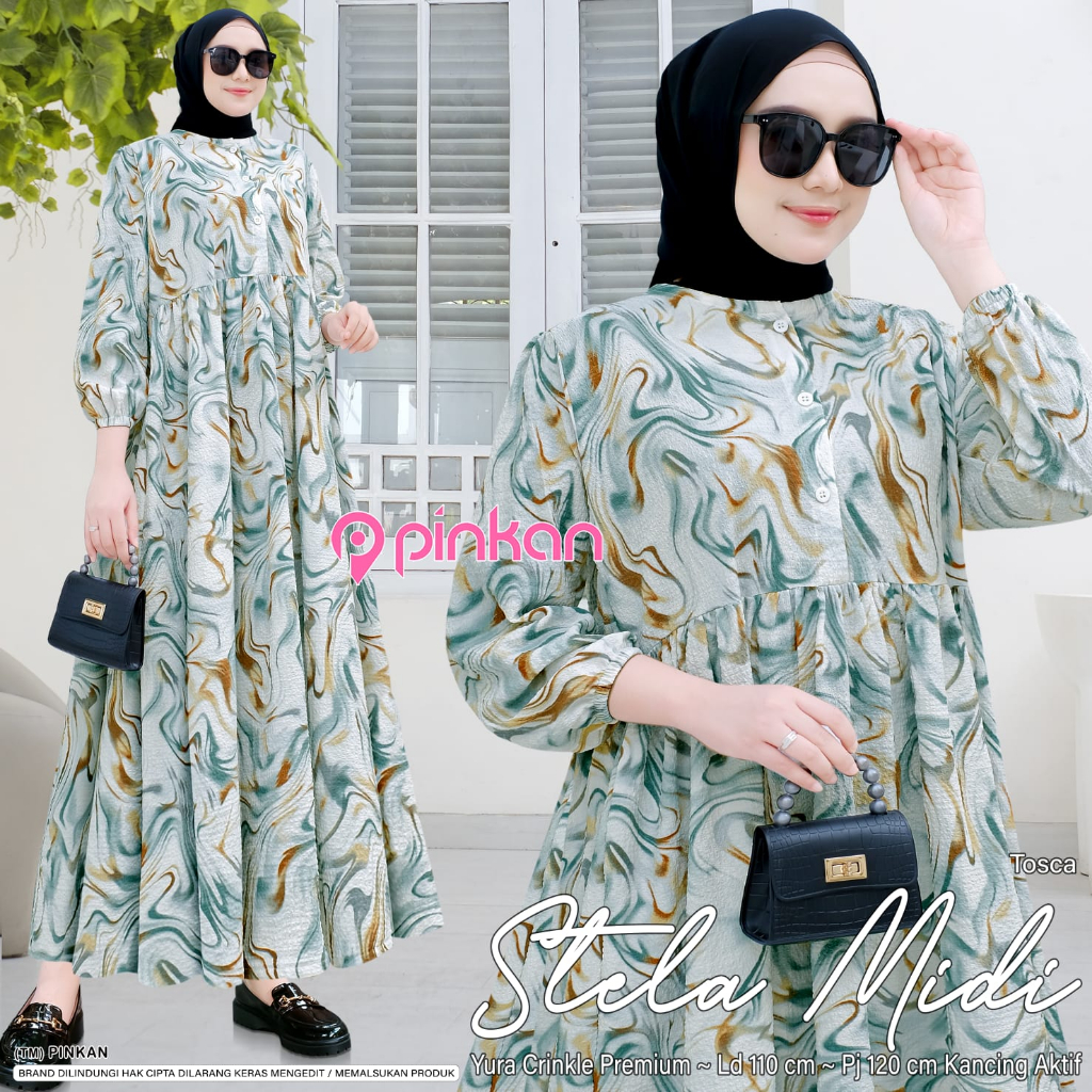 Stela Midi Dress Yura Crinkle Premium Kancing Aktif Busui Friendly - By Pinkan