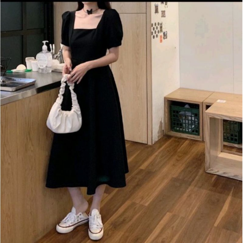 Korea style dress lengan pendek gaun mini A-line hitam minimalis fasion