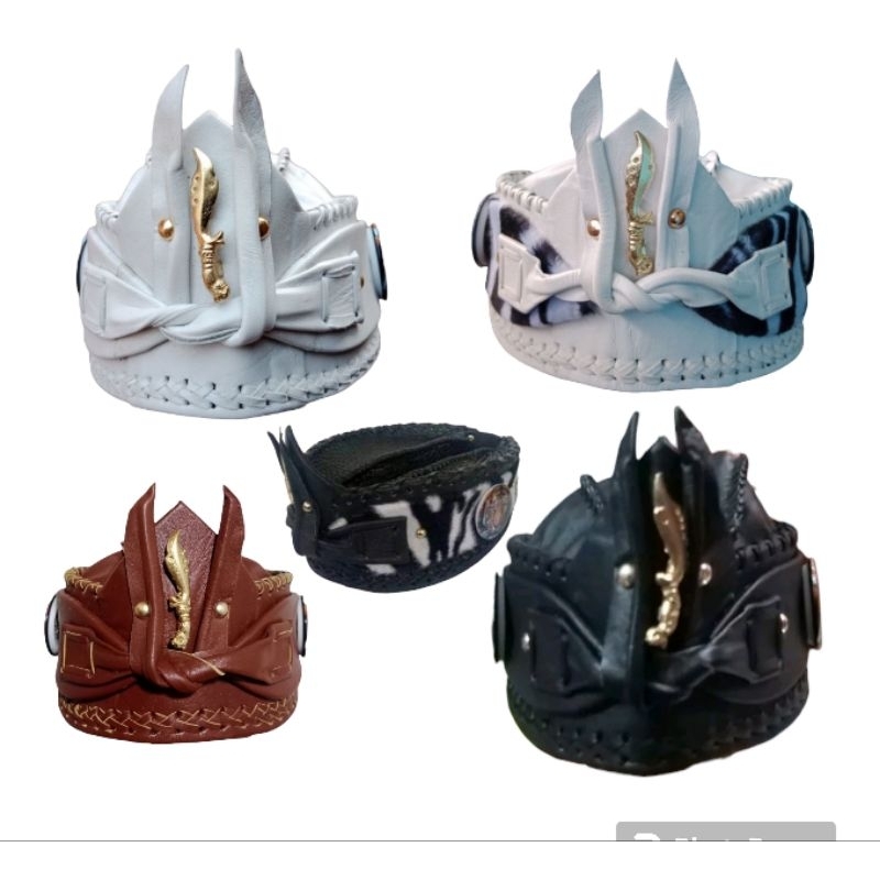 Topi Blangkon Kujang Sunda Keren Kulit Asli 100% -  Ikat Kepala Pria Warna Coklat Hitam Putih Loreng