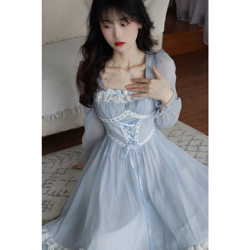 [ Retro Series ] French Long Sleeve Shimmer Yearbook / Prom / Sweet 17 Midi Dress with Lace Applicat