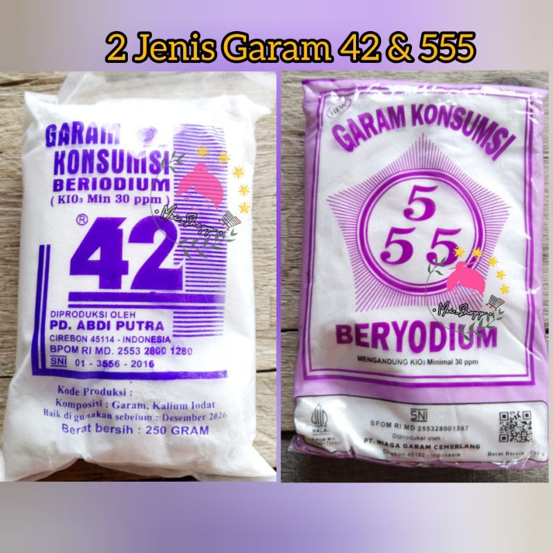 

2 JENIS GARAM MEREK 42 & 555 HALUS PUTIH BERYODIUM 250 GRAM