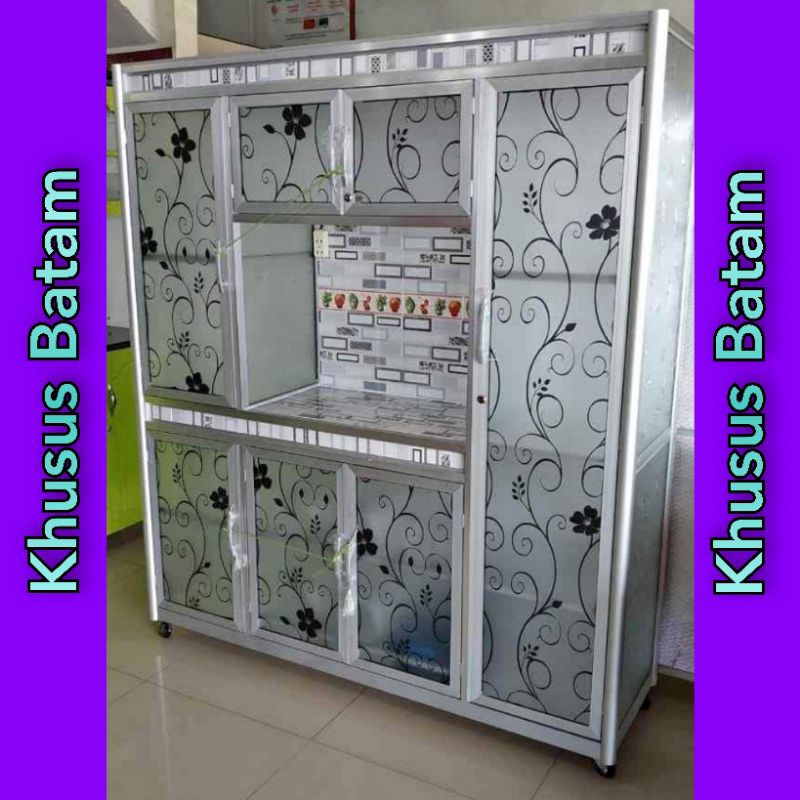 RAK PIRING 4PINTU RODA KERAMIK BOX-KACA MOTIF STIKER/LEMARI DAPUR/LEMARI PIRING [ KHUSUS BATAM ]