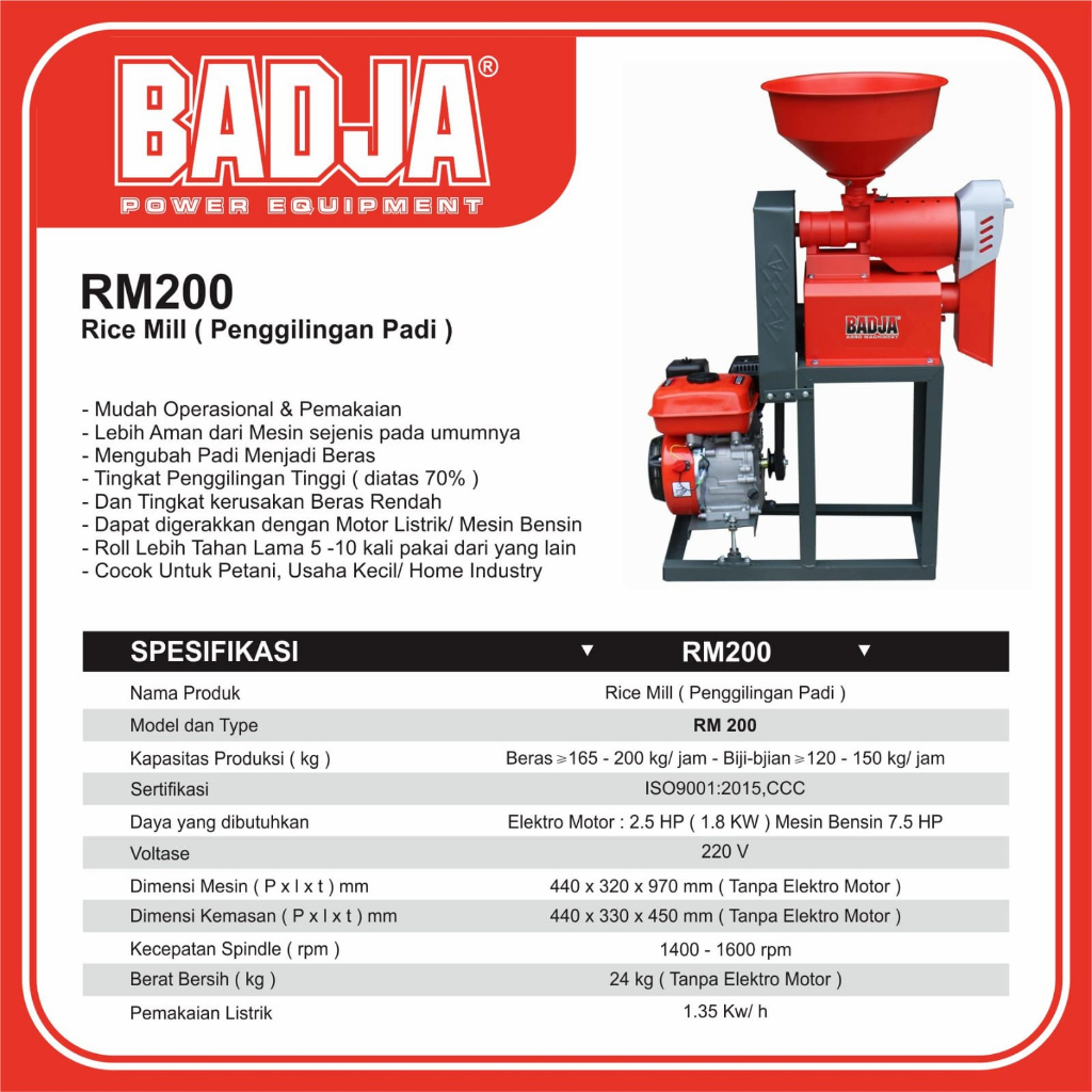 Mesin Penggiling Padi Beras Badja Rm200 / Mesin Giling Padi Gabah Jadi