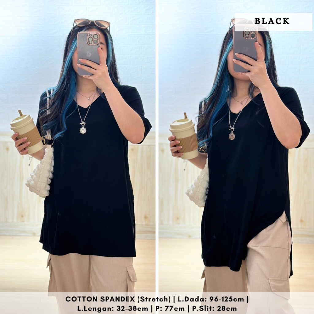 	 3807 kaos spandex salwa vee slit top oversize bigsize melar kaos polos	