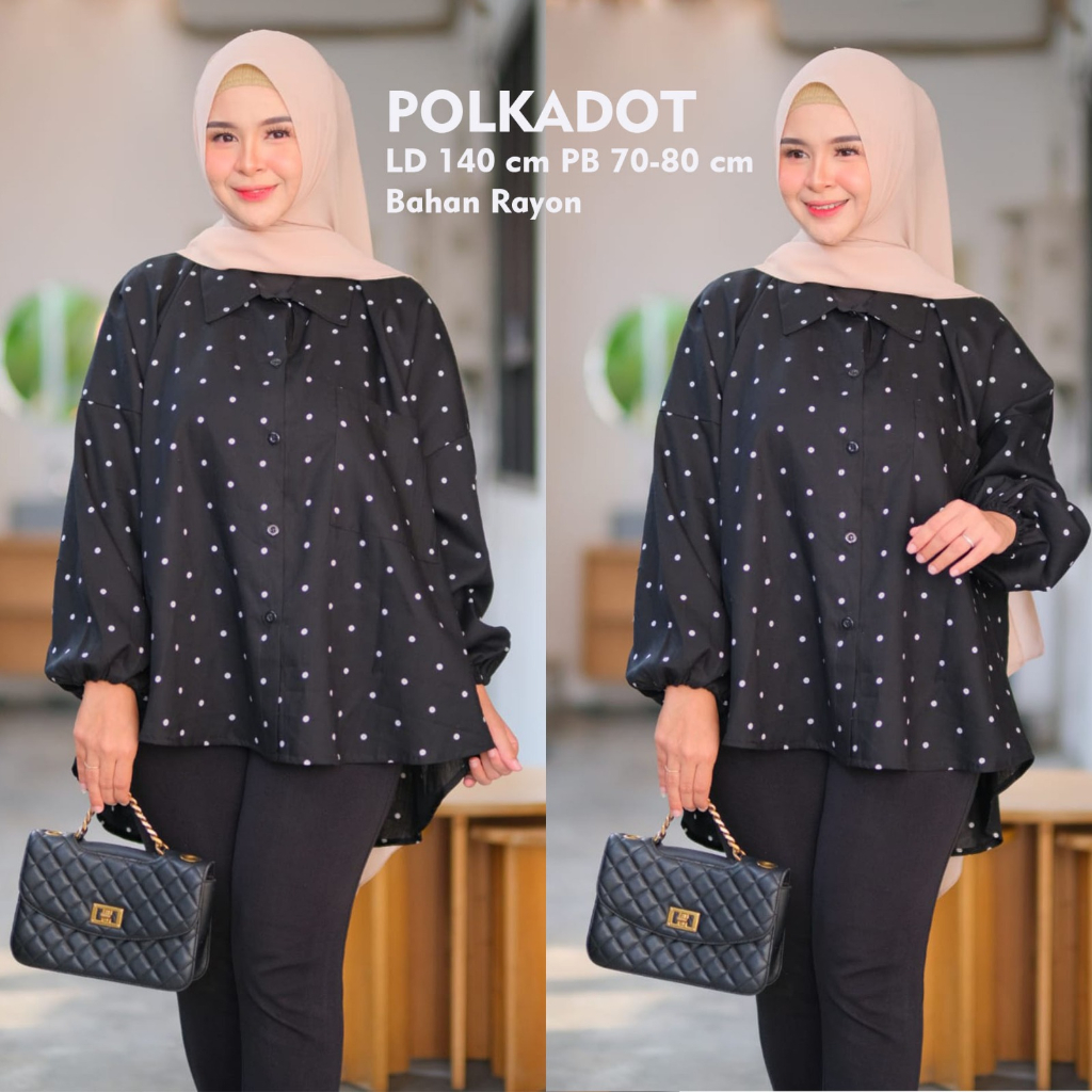 Tunik Atasan Wanita Kemeja Polkadot Blouse Blus Motif LD 140 Muat Bb 100 120 Bahan Rayon Adem Dingin