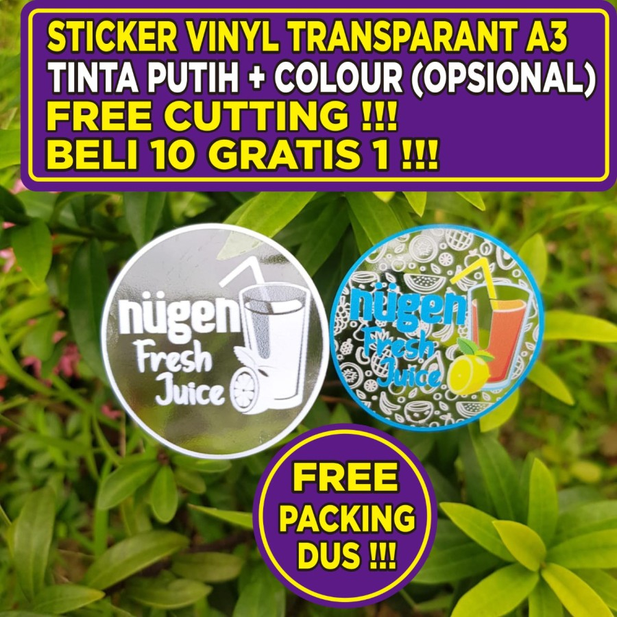 

Cetak Print Stiker Sticker Label Vinyl Transparan A3+ WHITE INK / TINTA PUTIH CUTTING Kiss Cut Die Cut LABEL STIKER MAKANAN MINUMAN CUSTOM