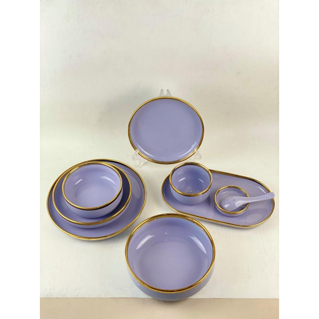 ASHOME Piring Set Lengkap Warna Ungu Lilac Gold isi 9 Pcs /  Piring Set Keramik List Emas / Piring S
