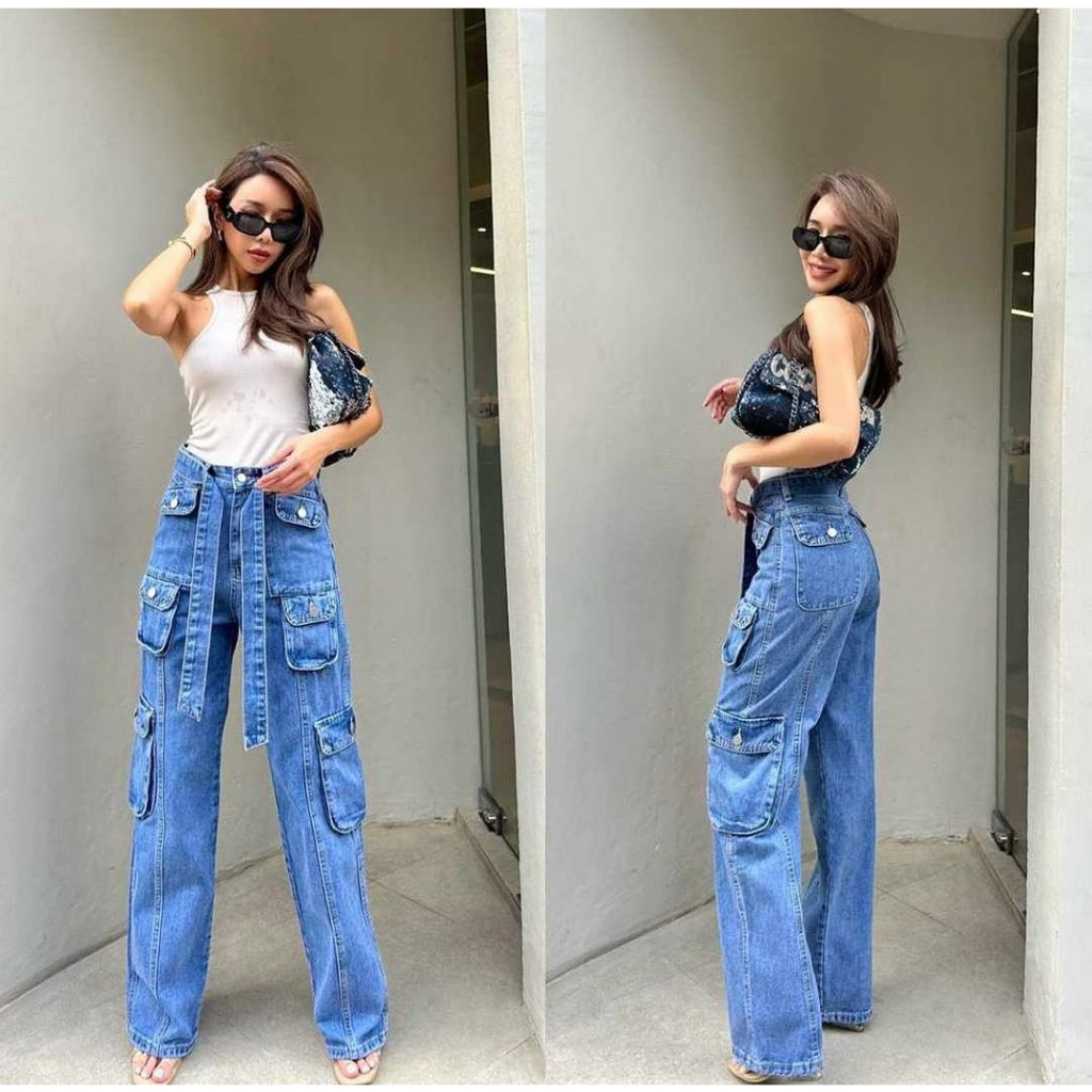 Celana Jeans Cargo Wanita High Waist Korean Style Gypsy Cargo Jeans