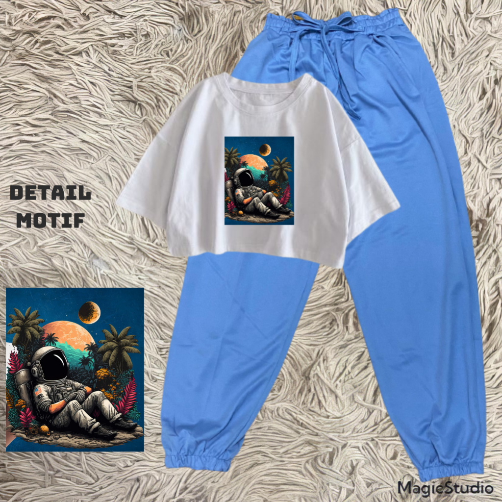 JBF One Set Baju Remaja Kekinian Setelan Joger Supernova Dan Crop Top Astronot Relax