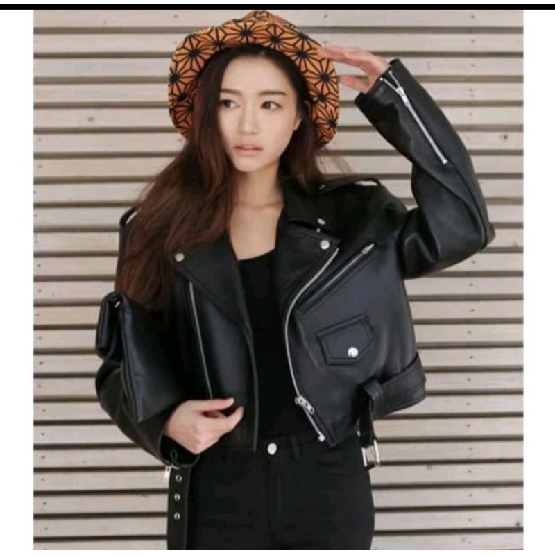 Jaket ramones crop wanita semi kulit premium kekinian/OOTD hijab/blazer cewe terbaru