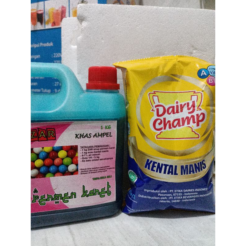 

Paket hemat (Sirup permen karet BIRU + skm dairy champ)