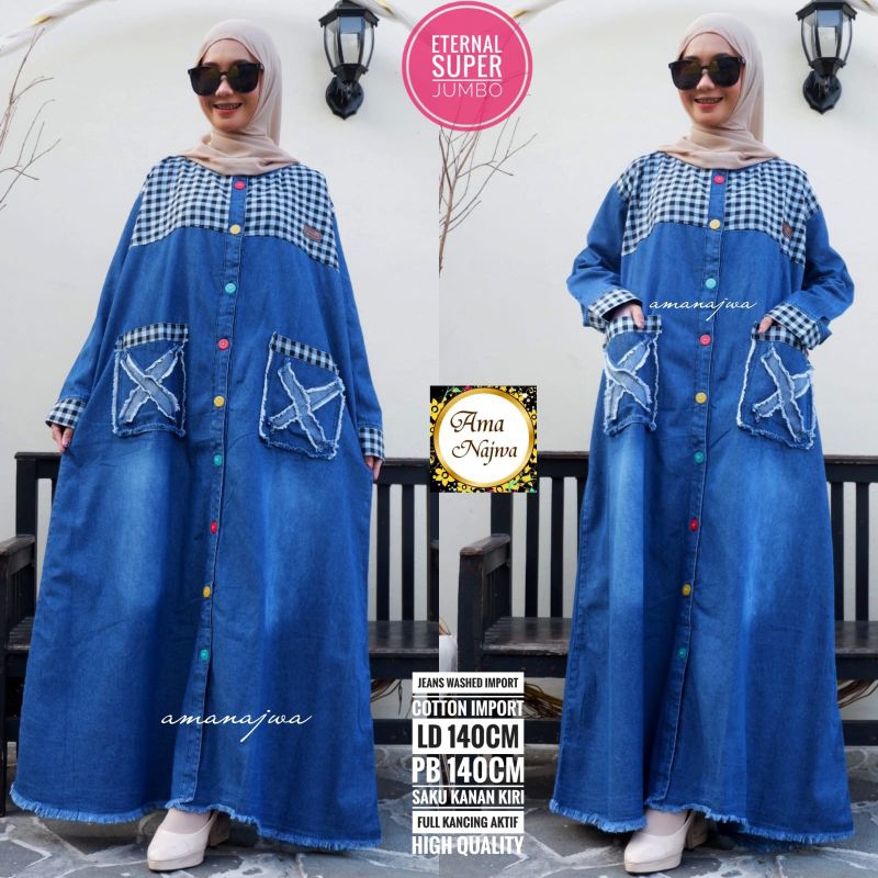 Gamis Jeans Wanita Super Jumbo Big Size Dress LD 140 Bahan Jeans Wash Import Full Kancing Aktif