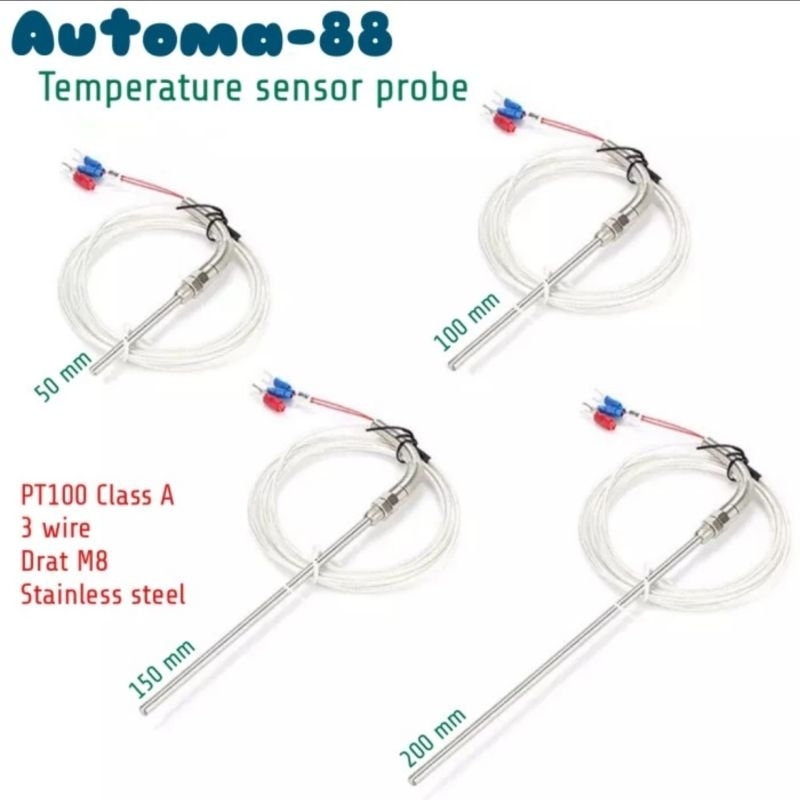 Temperature Sensor RTD PT100 3 Wire Kabel 1m Probe panjang 5cm 10cm 15cm 20cm