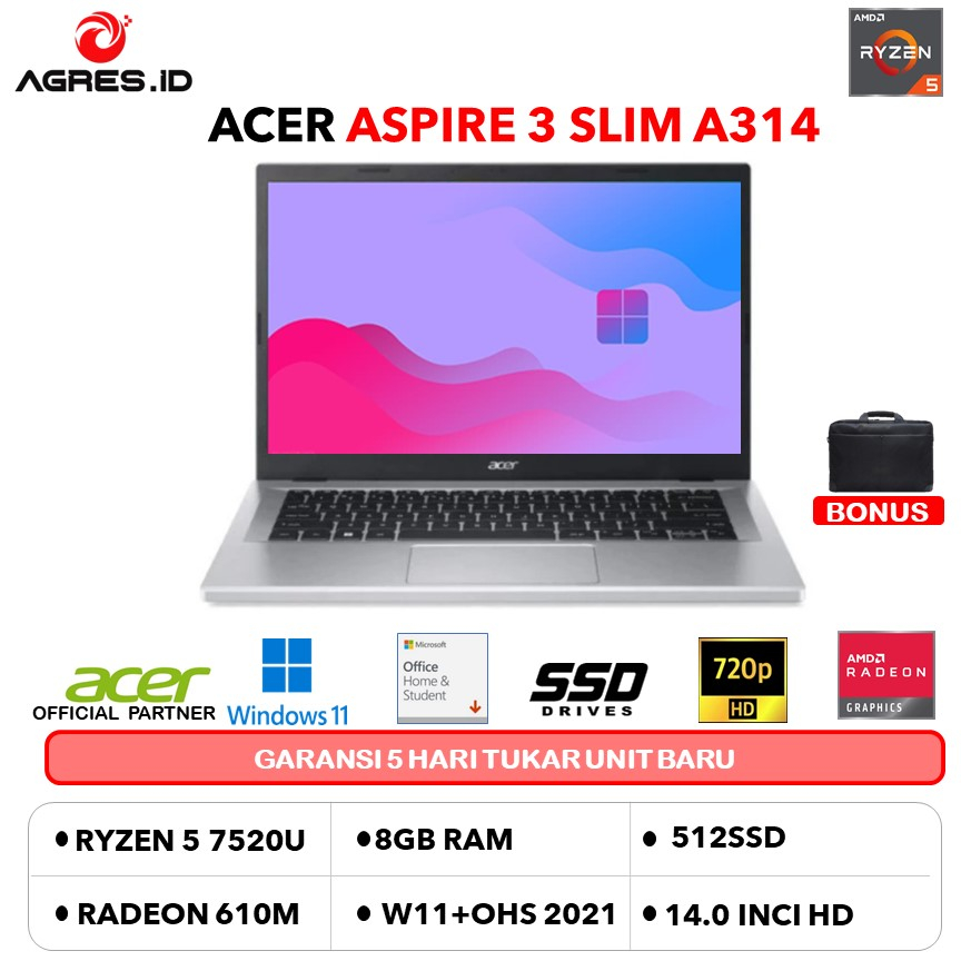 ACER ASPIRE 3 SLIM A314 RYZEN 5 7520 8GB 512GB W11+OHS 14.0 SLV -R7VJ