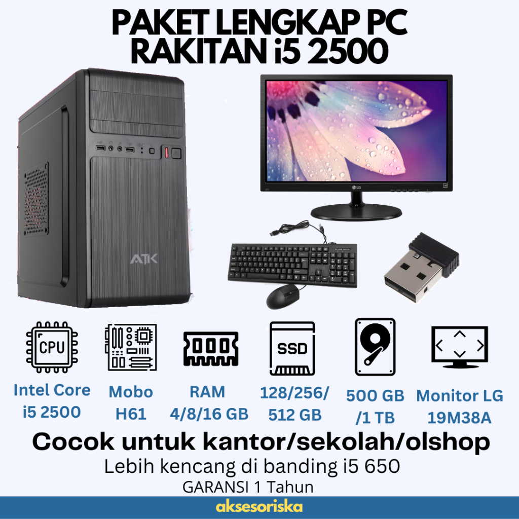 PAKET LENGKAP PC RAKITAN KOMPUTER CPU KANTOR Intel Core i5 MONITOR LED LG 19 FULLSET