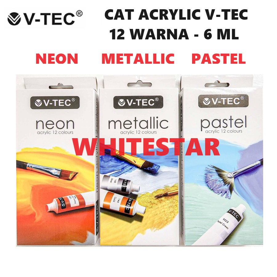 

cat acrylic colours set v-tec 12 warna 6 ml neon metallic pastel