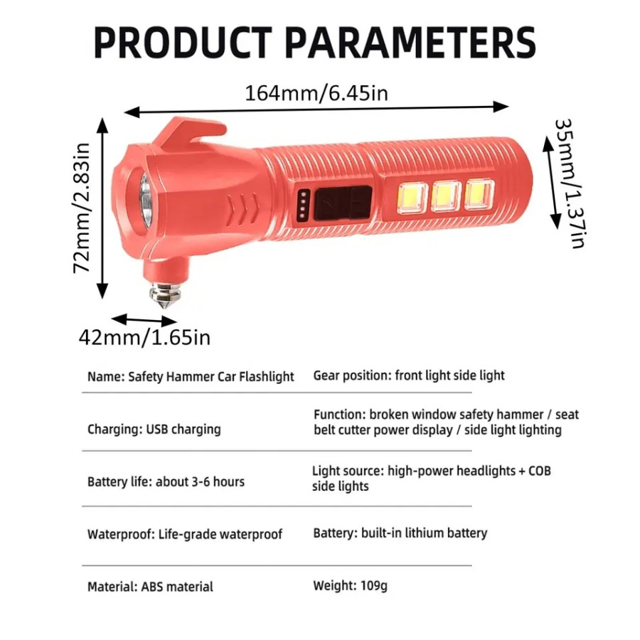 MH - Senter Safety Hammer Selt Belt Cutter LED Rechargeable 22018