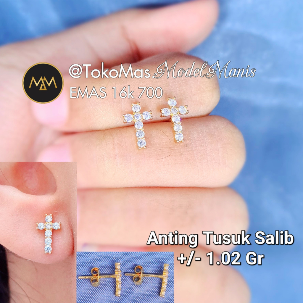 Anting tindik salib emas kuning 700 kadar 16k