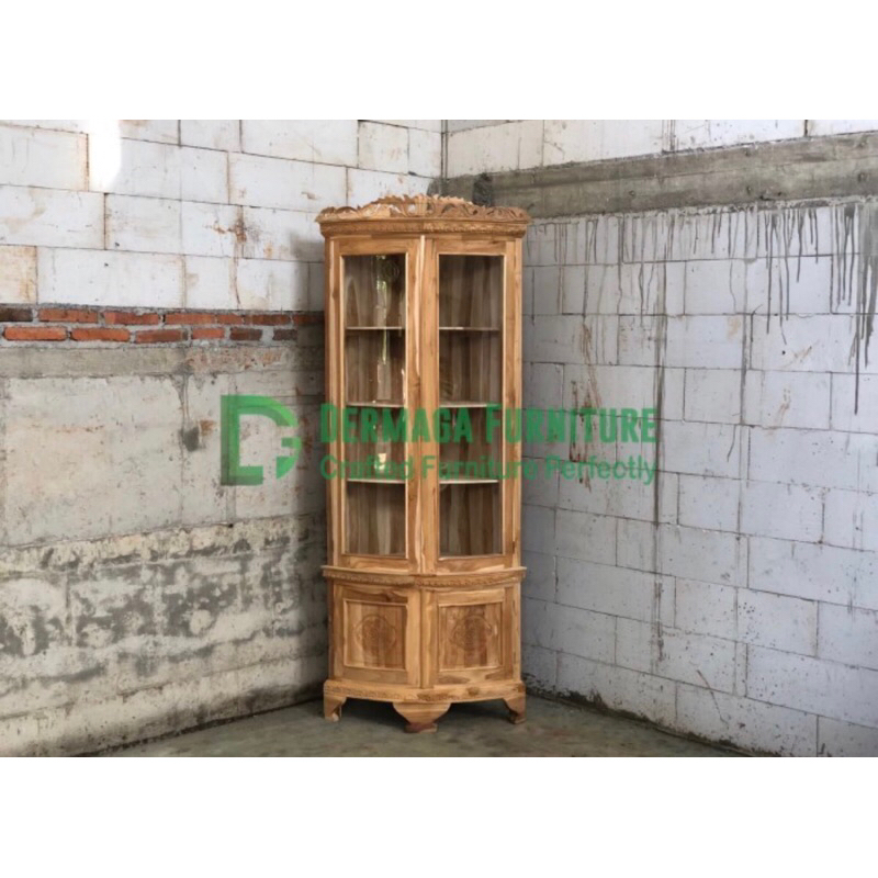 ALMARI SUDUT HIAS KAYU JATI LEMARI HIAS LEMARI SUDUT DEKORASI RUANG TAMU DERMAGA FURNITURE JEPARA