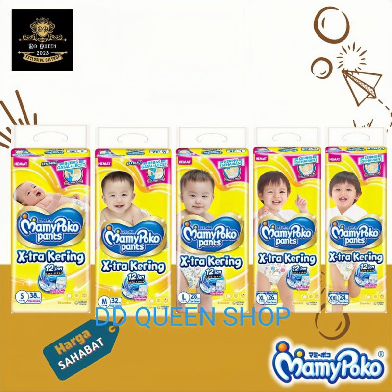 MAMYPOKO PANTS 12 Jam Extra Kering Ukuran S38/M32/L28/XL26/XXL24 | Popok Bayi Mamy Poko | Popok Bayi
