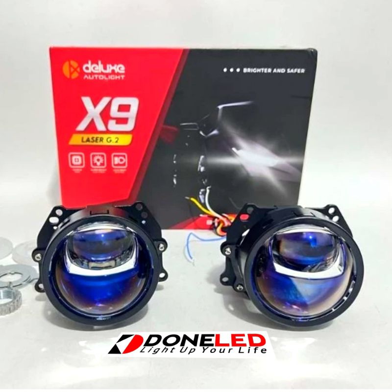LAMPU MOBIL H4 BILED PROJECTOR DELUXE X9 G2 LASER Z1 85 W 3 INCH BLUE LENS