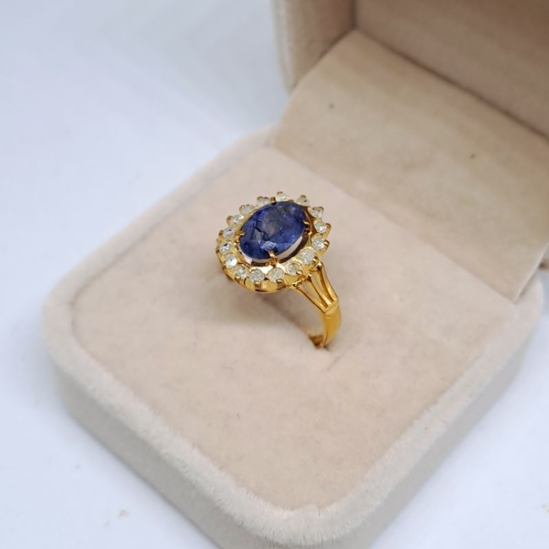 Cincin Berlian Asli Wanita Emas | Batu Blue Safir Free Memo