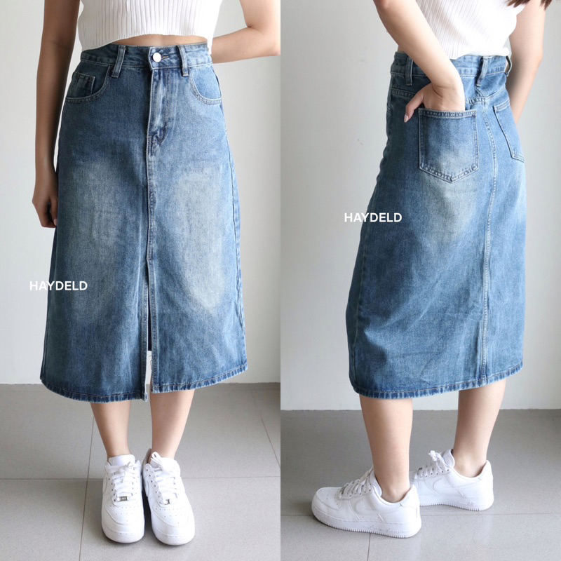 HAYDELD - Denim Skirt | Rok Jeans Belah Depan | Rok Retro Highwaist | Rok Denim Korea Kekinian | Rok