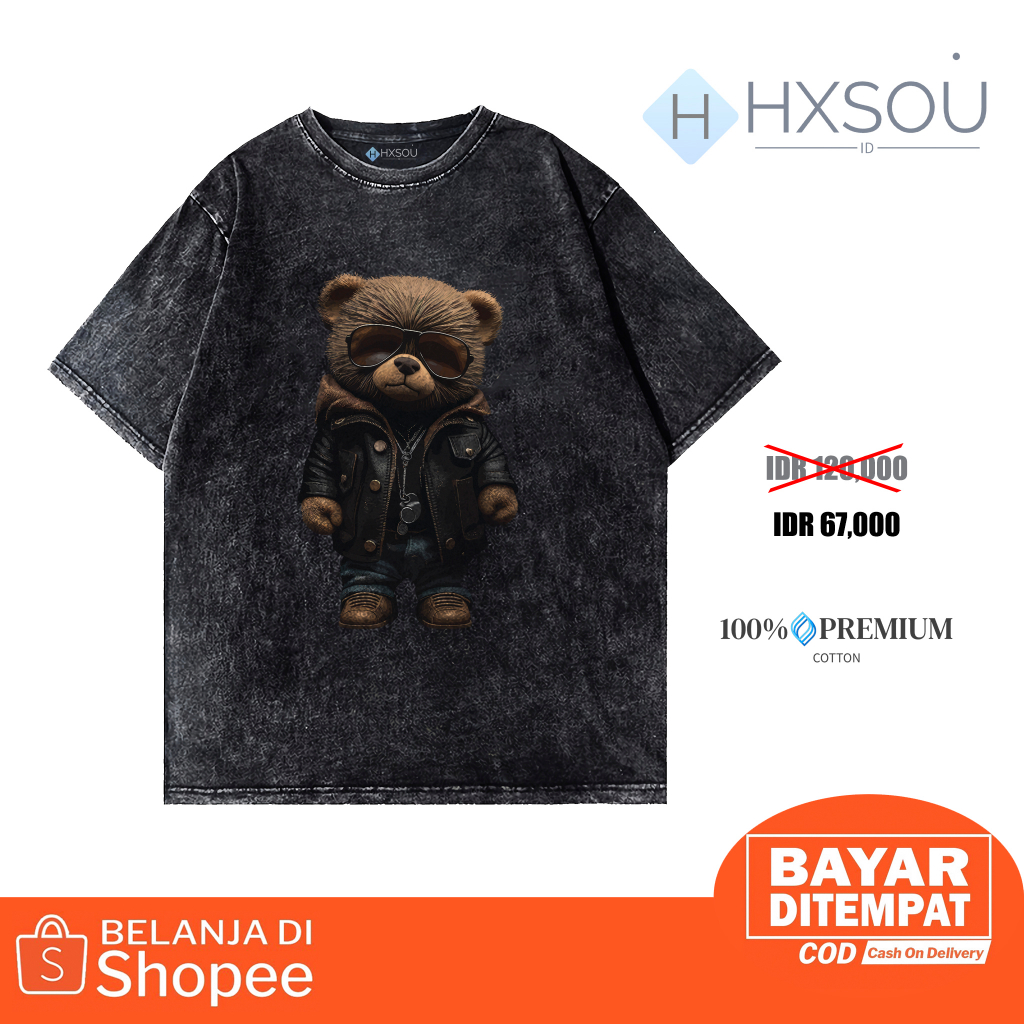 Hxsou Oversize T-shirt Wash / Baju Kaos Oversize Pria Wash Bear C01