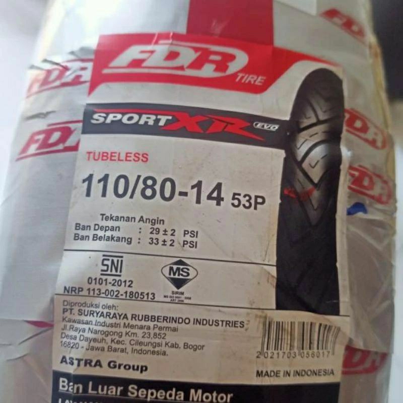 Ban luar fdr 110/80 14 sport xr tubeles.original fdr
