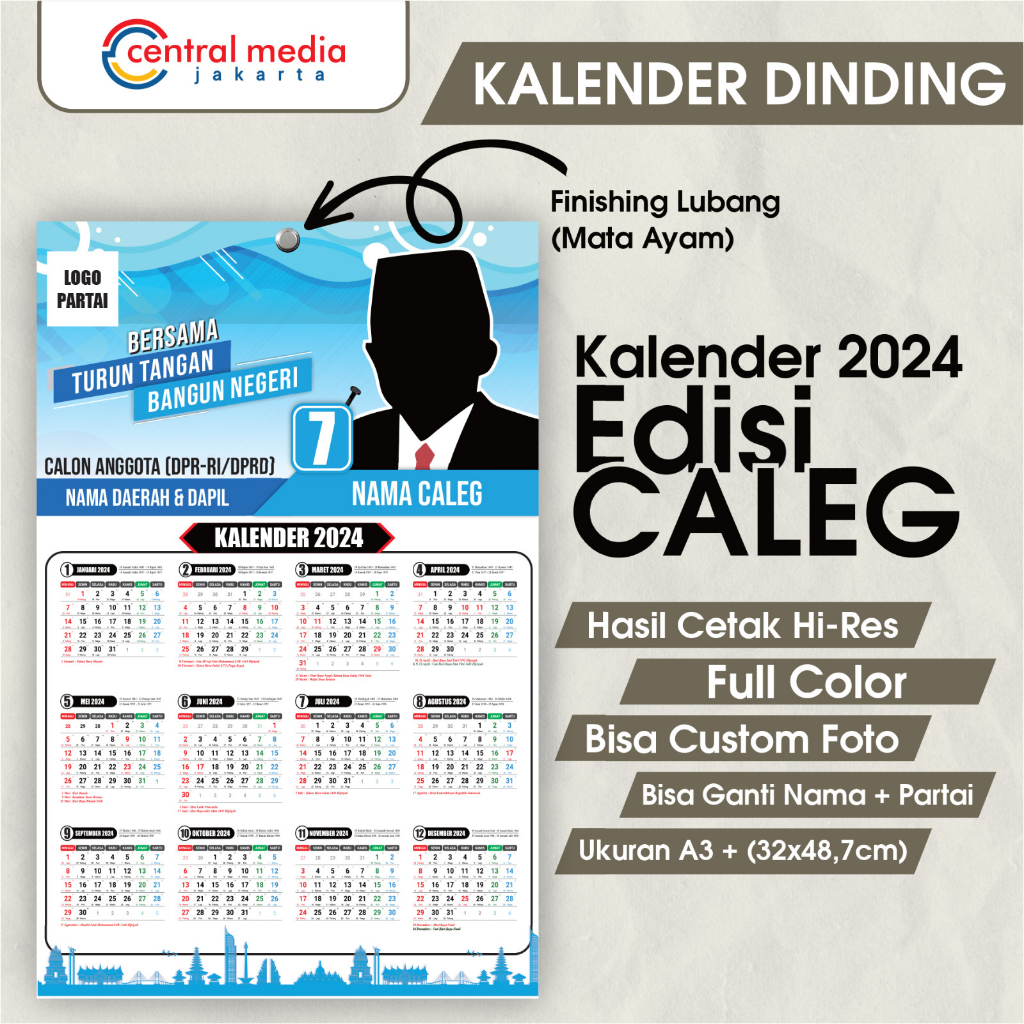 

Kalender Dinding 2024 Caleg Custom A3+ Jepit Kaleng Minimum 1000 1 Lembar 12 Bulan
