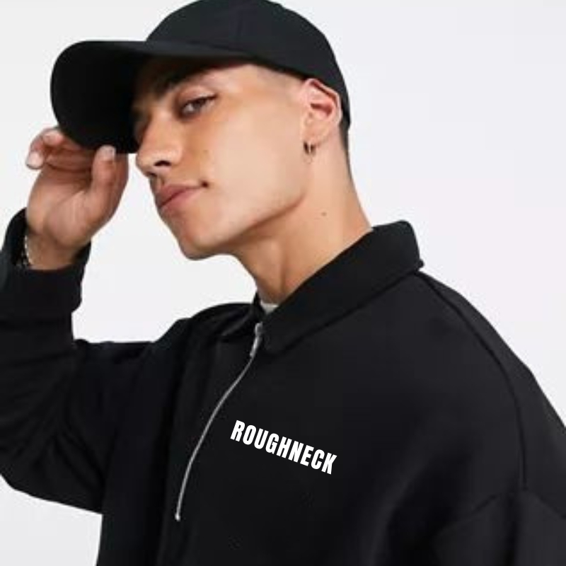 Half Zip Sweatshirt Roughneck Hitam Text | Sweater Fleece Premium Tebal Pria Wanita