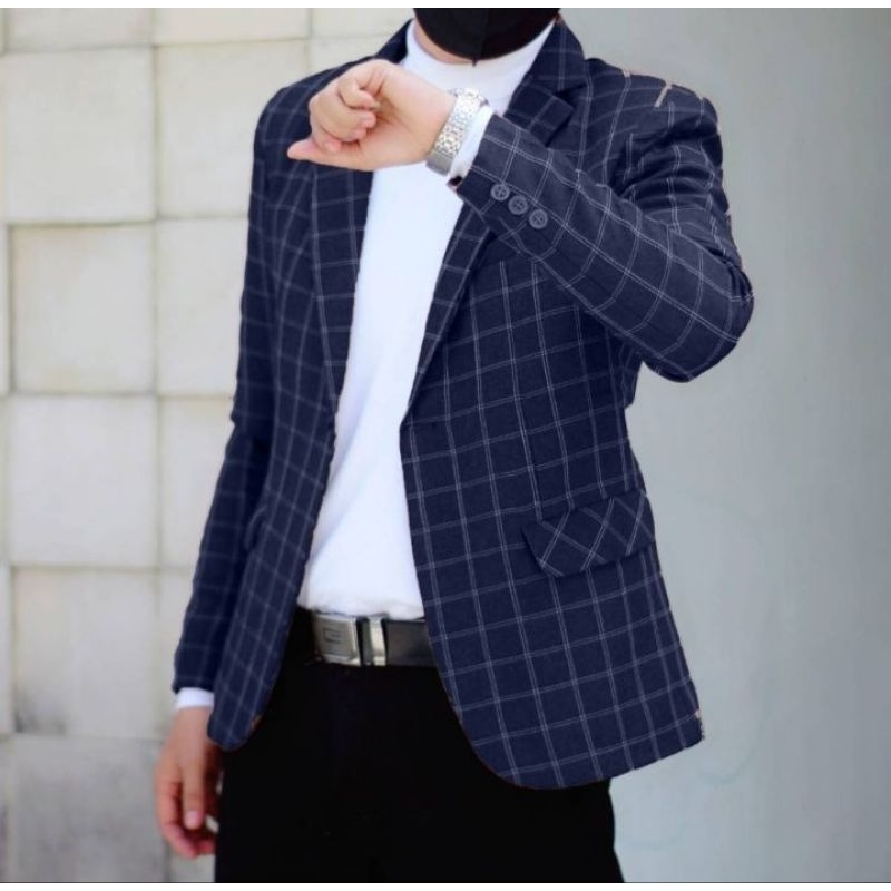 Jas Blazer Terbaru Tartan Kotak - Kotak Navy / Blazer Tartan pria Premium Motif Terbaru