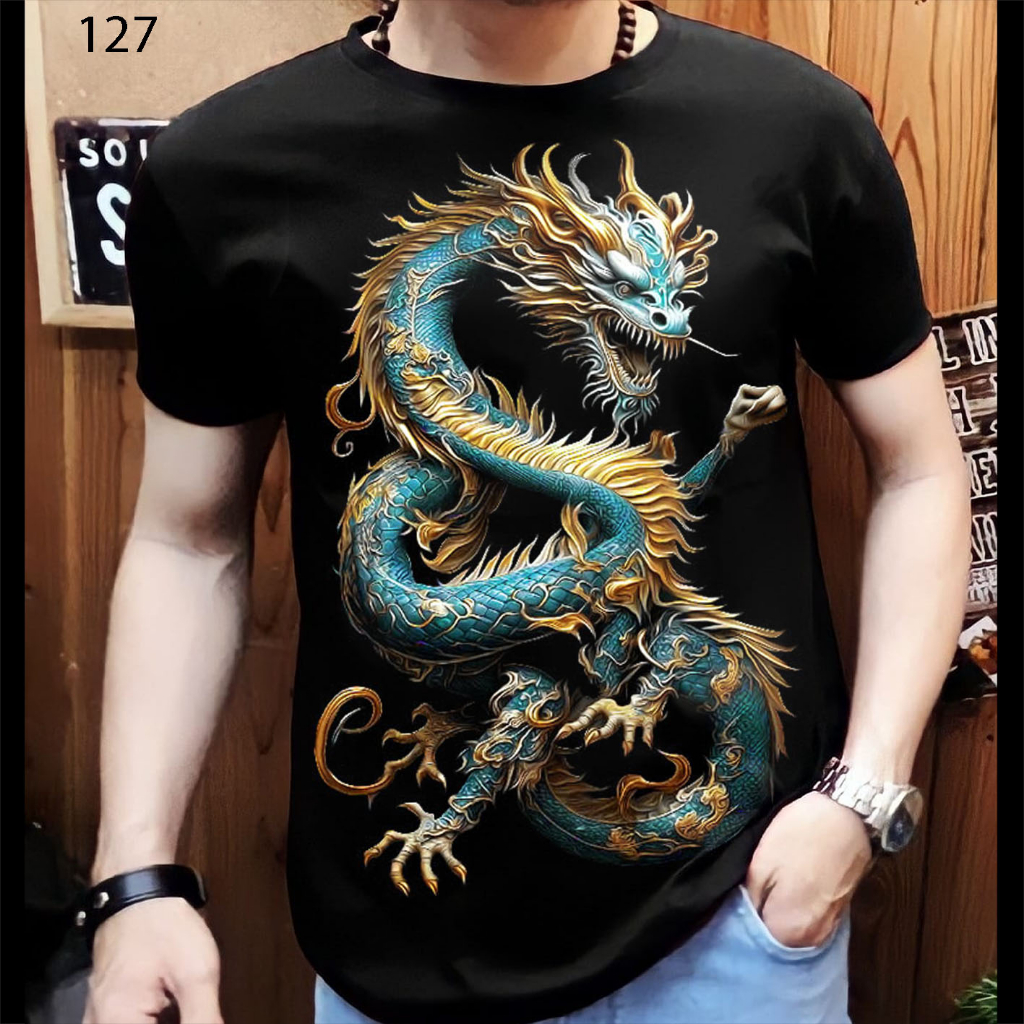 Kaos distro pria motif naga Raijin