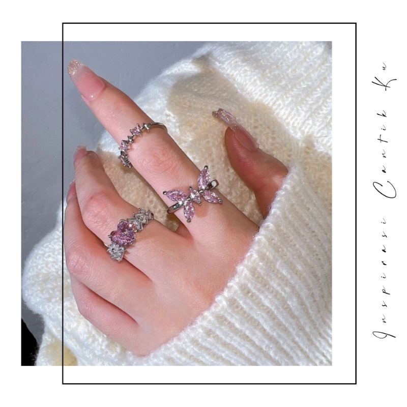 Cincin Wanita Silver Akesoris Wanita Cincin Permata Zirkon Pink