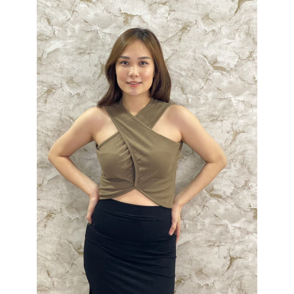 MODAVIE - ANNABELLE Tanktop Korean Cross Tank Top Crop Wanita V-Neck Rib Knit