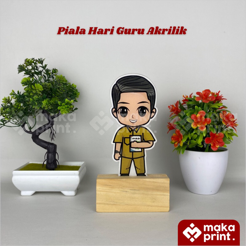 MakaPrint Piala Guru Akrilik (seragam PNS Cowok) Tatakan Kayu Kado Hari Guru Cowok Hadiah Hari Guru 