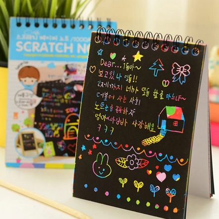 Buku Gambar Gores Magic Pelangi Scratch Note Magic Kertas Hitam Pelangi