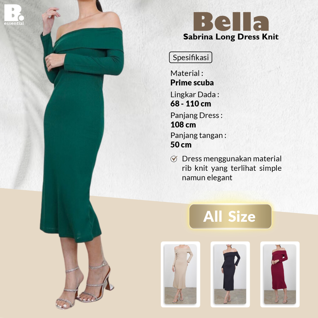 Gaun Wanita Long Dress Knit Bella Sabrina Bahan Prime Scuba Baju Pesta Casual Classy B.essential