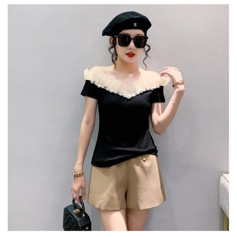 B127 Atasan Kaos Lengan Pendek Sabrina Blouse Import Korea