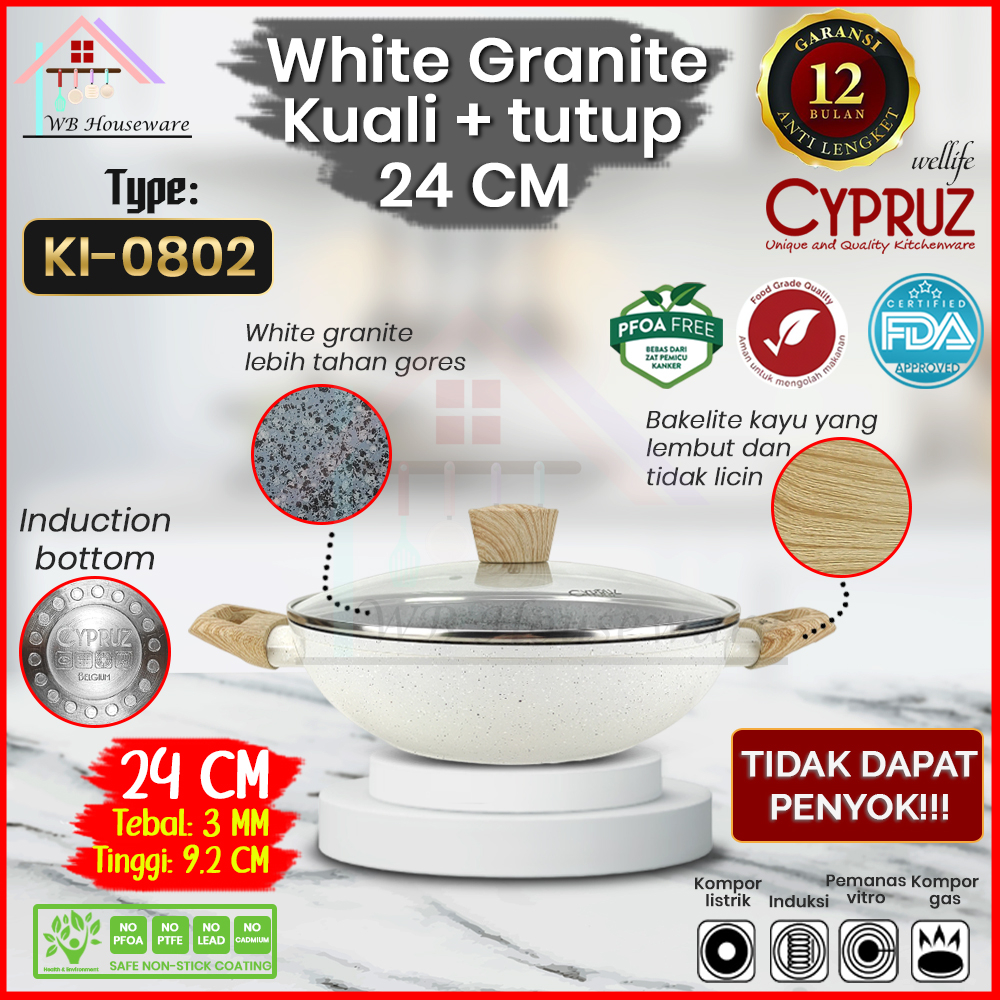 CYPRUZ Wok 24cm white granite series anti lengket / wajan panci masak kuali penggorengan tebal bisa 