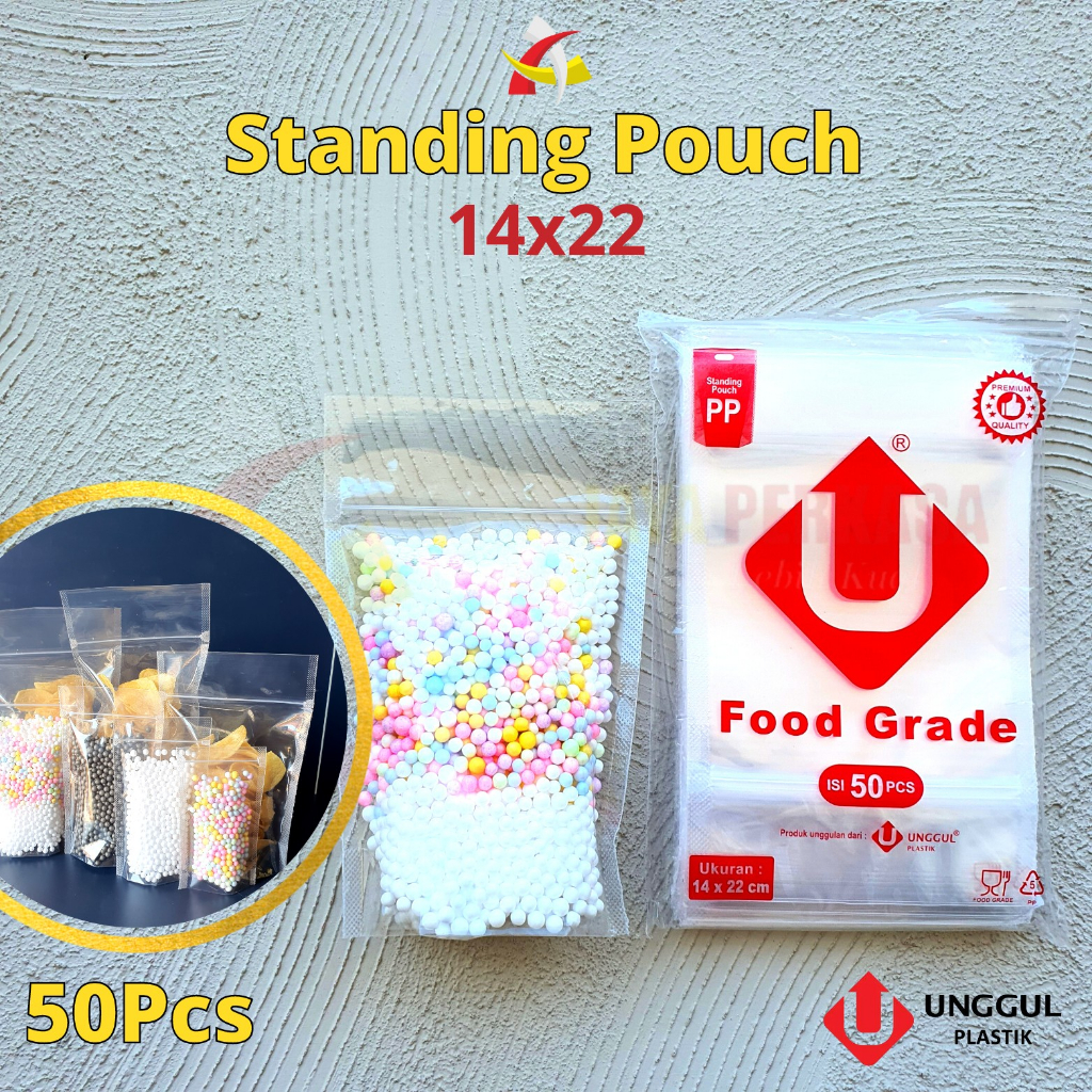 Plastik Standing Pouch 14x22 UP / Standing Pouch Bening 14x22 / Standing Pouch Transparan Mini 50pcs