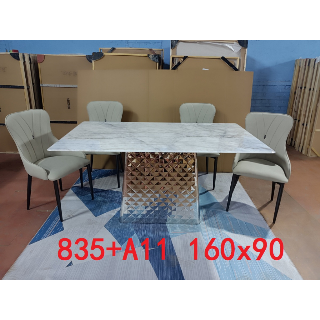 Meja Makan Marmer + 6Kursi Kulit (835+A11) Uk.130x80 Khusus Batam