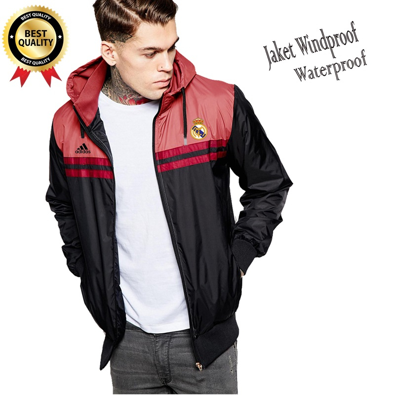 Bisa Custom Jaket Bomber Kupluk Pria Real Madrid/Jaket Parasut Pria/Jaket Pria Keren/Jaket Cowok/Jak