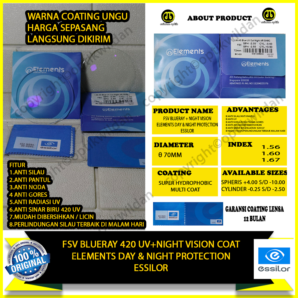 ELEMENTS ESSILOR LENSA BLUERAY NIGHT VISION FSV 1.56/1.6/1.67 UV 420 + NIGHT VISION COATING