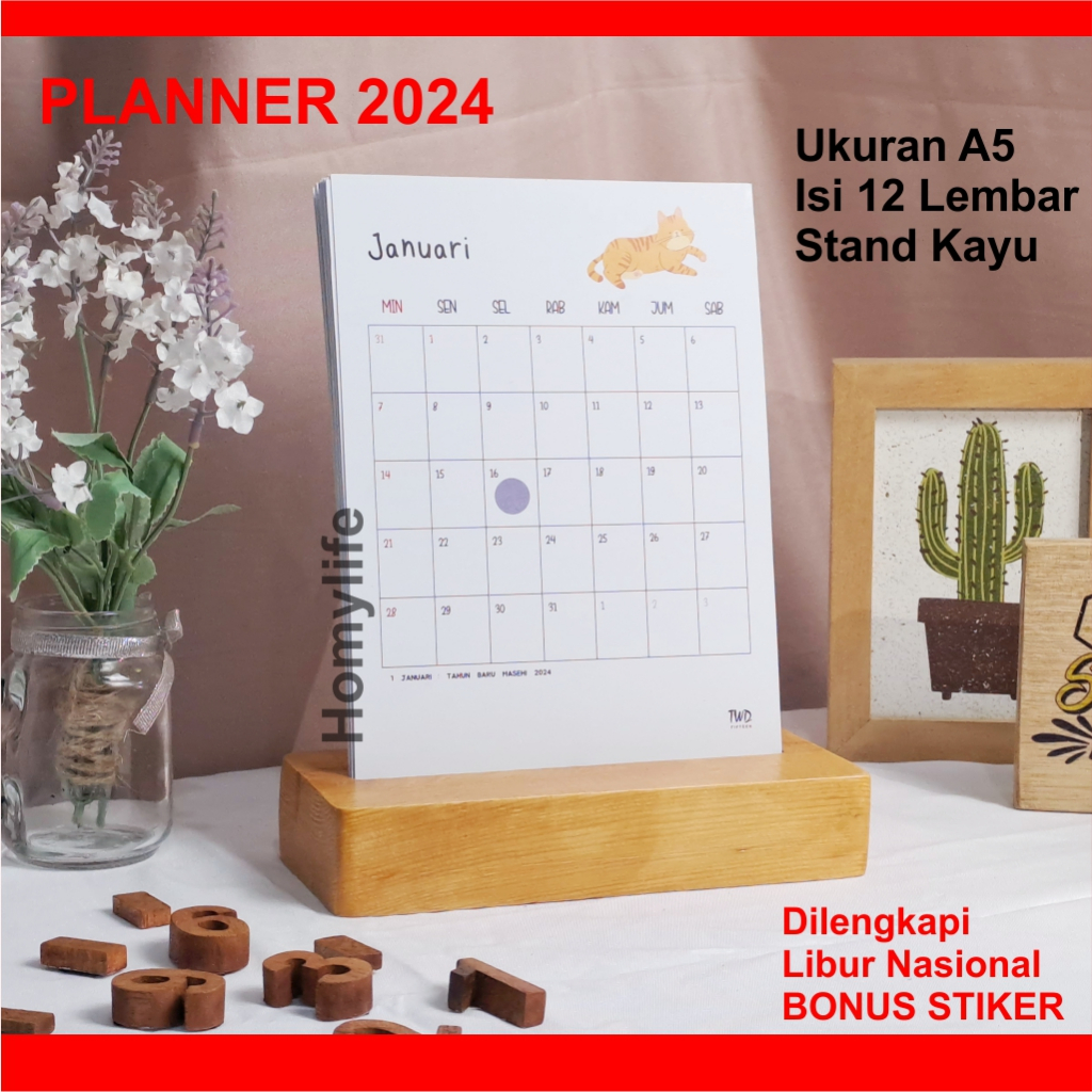 

PLANNER Kalender 2024 Ukuran A5 12 Lembar Dilengkapi Libur Nasional Cuti Bersama Stand Kayu Pinus Bonus STIKER