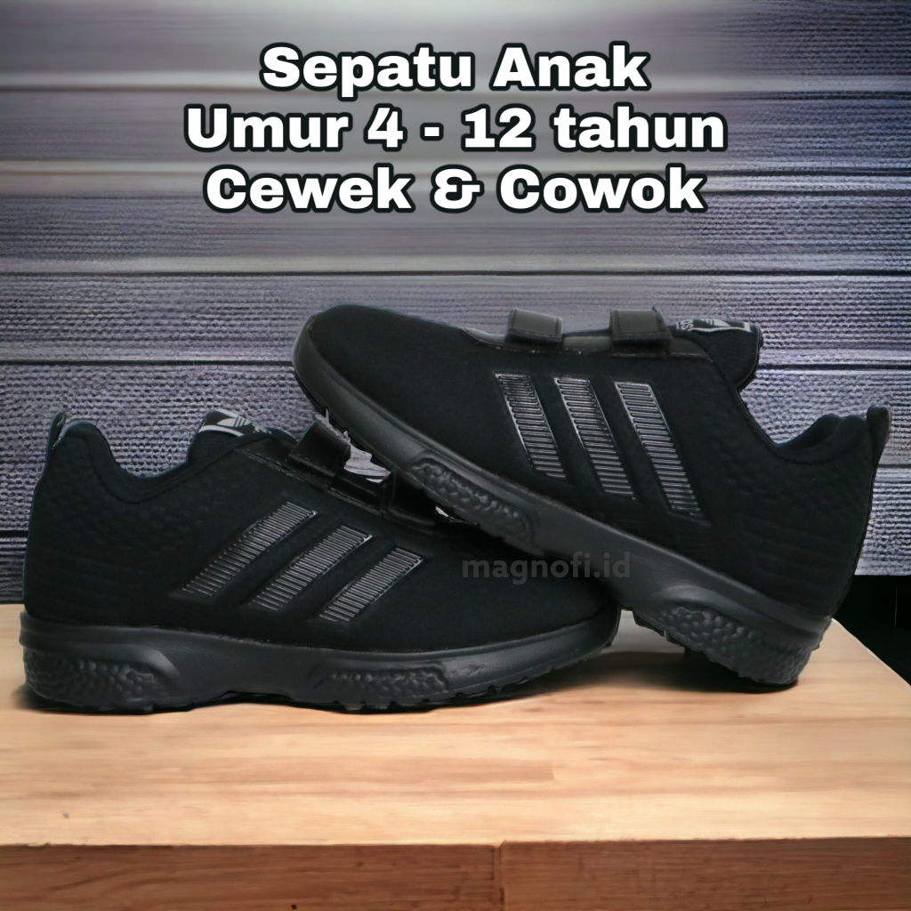 MAGNOFI Sepatu Anak Sekolah Full Black Laki Laki Perempuan Hitam Polos Adidas Ultra Kid Velcro Tali 