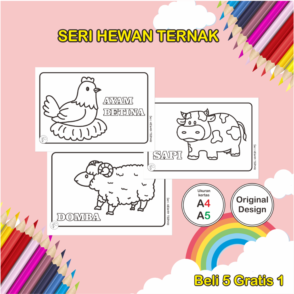 Kertas Mewarnai Anak PAUD/TK seri Hewan Ternak simpel - Gambar Sketsa Mewarnai