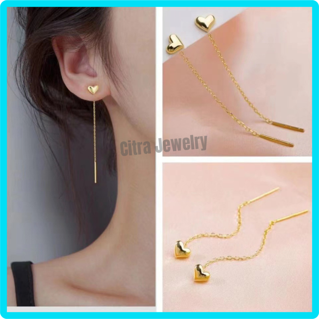 COD - Anting Rumbai Bentuk Hati Warna Emas Gaya Korea Lapis Emas Perhiasan Aksesoris Wanita / Anting