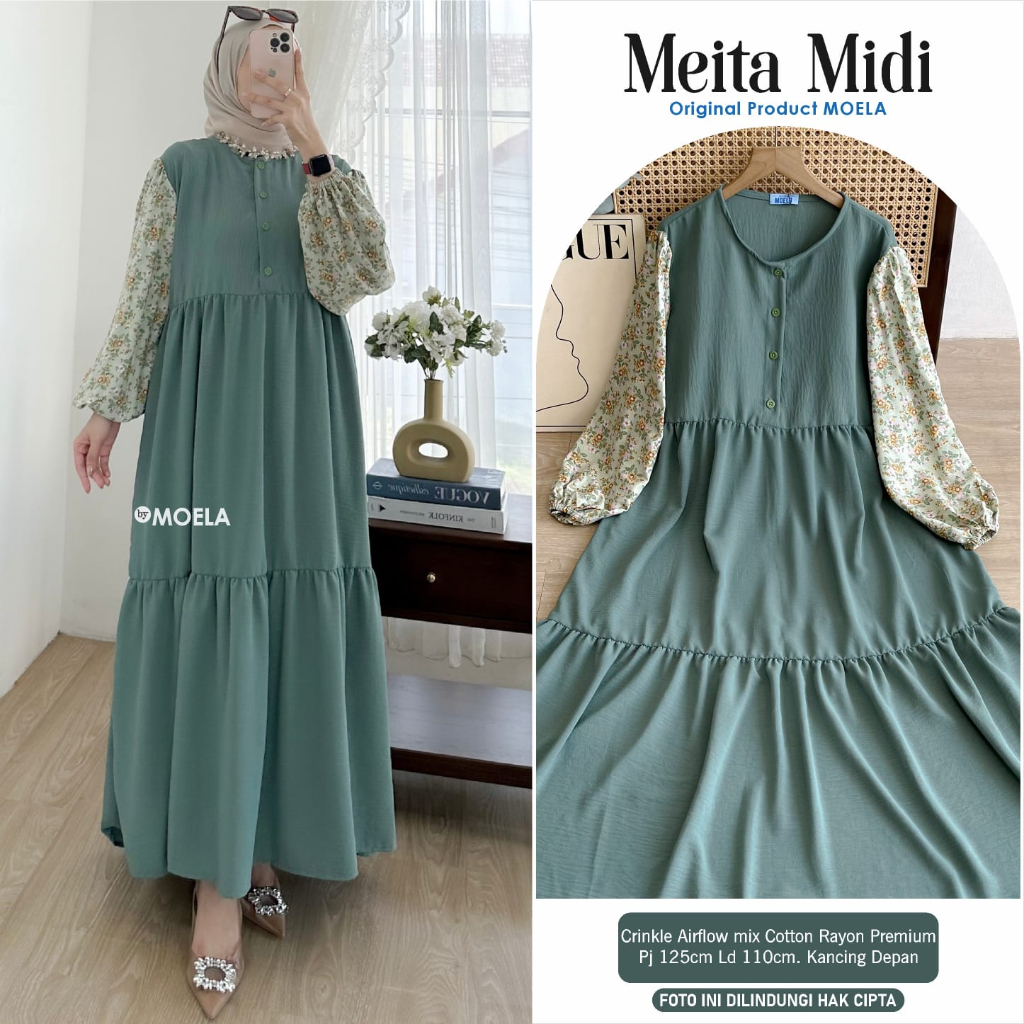 [LD 110] MEITA MIDI DRESS GAMIS WANITA PESTA CRINKLE AIRFLOW MIX RAYON PREMIUM ORI BY MOELA