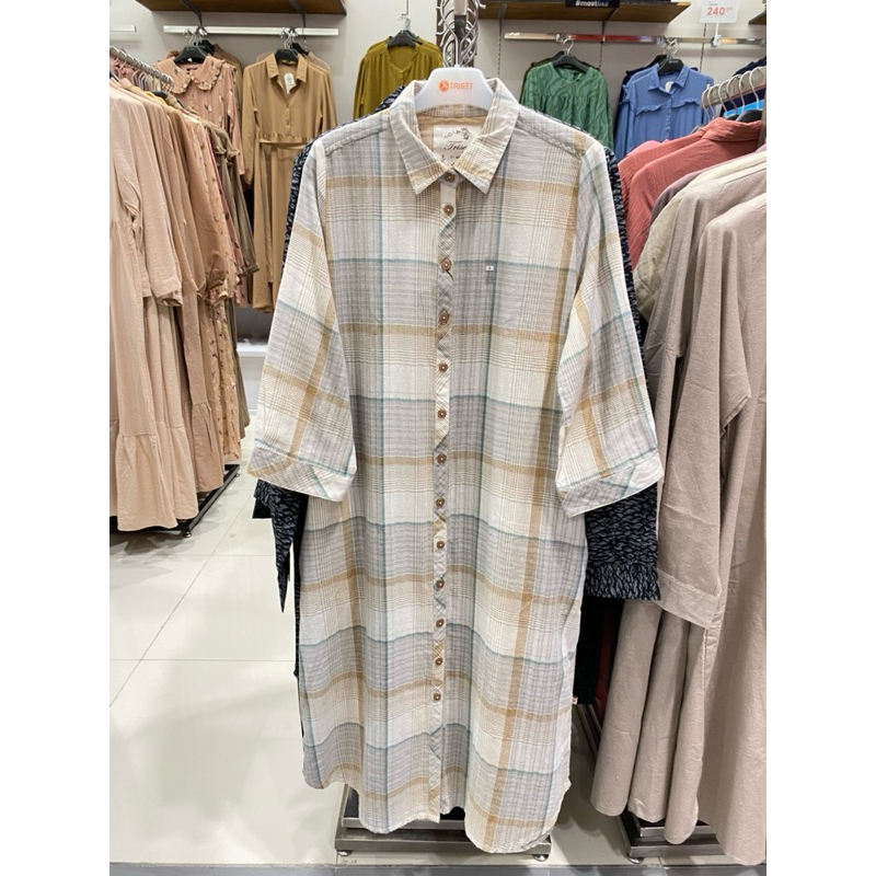 Triset Dress Midi Tunic Motif Kotak Kotak Wanita